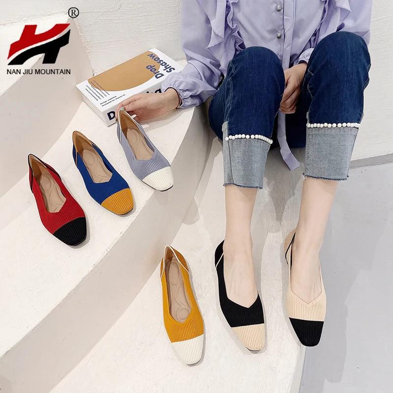 New Women's Shallow Single Shoes 2023 Fashion Leisure Spring Autumn Pointed Knitted Mesh Flat Solid Shoes