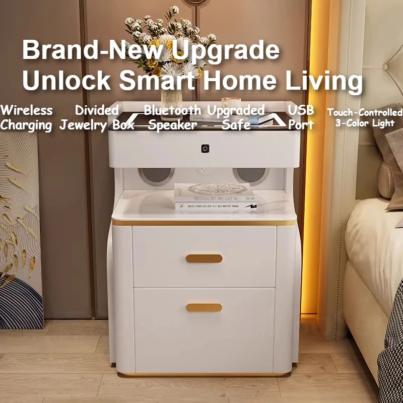 Decor Aesthetic Bedside Table With Charging Station Wooden Nightstands Touch Control Tricolor Lamp Fingerprint Unlock Furniture