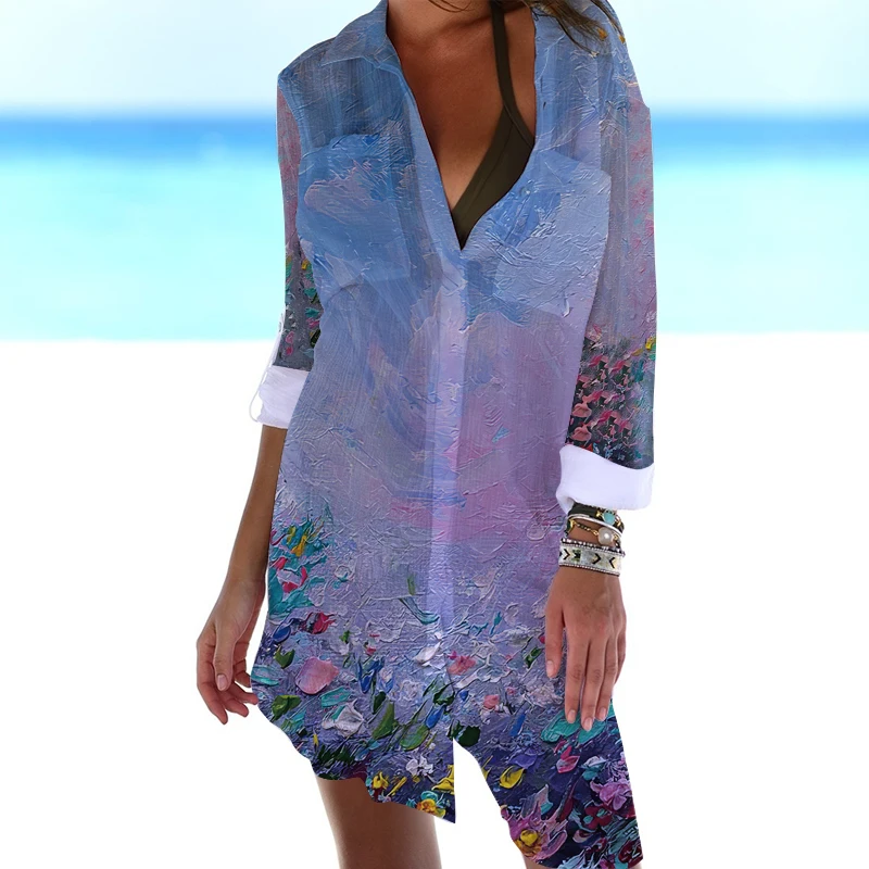 Vestido camisero con estampado 3D de flores para mujer, camisa Sexy de manga larga, Top sin mangas, para playa, novedad de verano