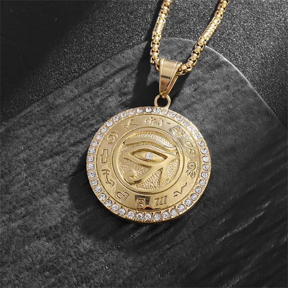 مصر القديمة عين حورس قلادة الذهب الذكور اللون الفولاذ المقاوم للصدأ الزركون قلادة مستديرة للرجال المجوهرات المصرية هدية 2025