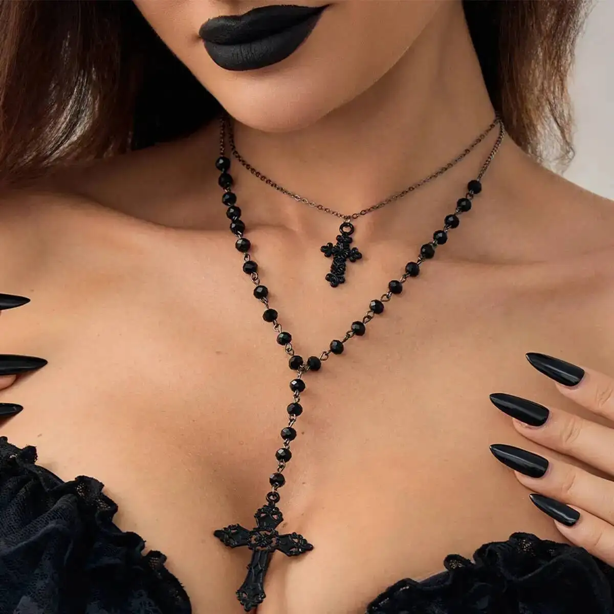 IngeSight.Z القوطي الشرير Y2K Doublelayer المعادن الصليب قلادة قلادة المرأة خمر الأسود كريستال مطرز المختنق حلية مجوهرات هدية