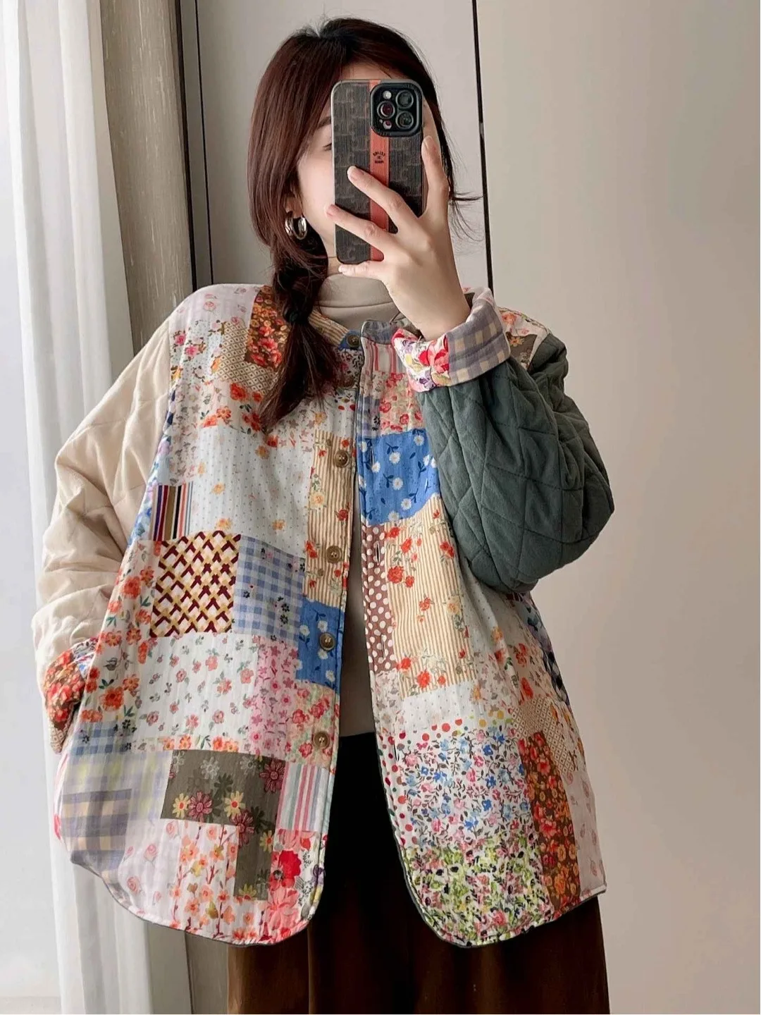 

Женская хлопковая куртка в стиле пэчворк для похудения, новинка зимы Faion 2025 года, двусторонняя одежда, универсальное корейское свободное пальто
