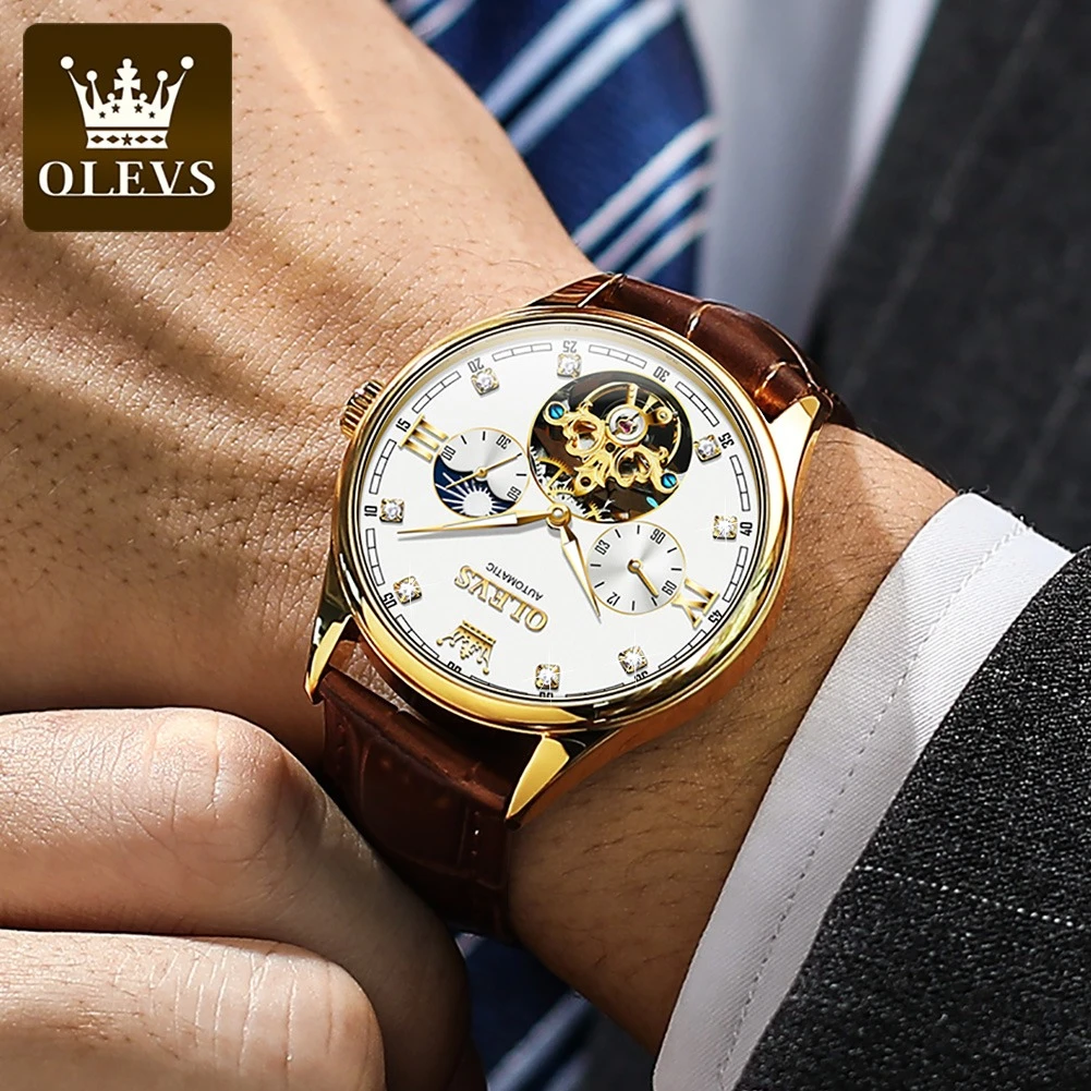 OLEVS 3601 ساعة ميكانيكية عصرية هدية دائرية الشكل من الجلد الطبيعي حزام ساعة اليد مرحلة القمر مضيئة