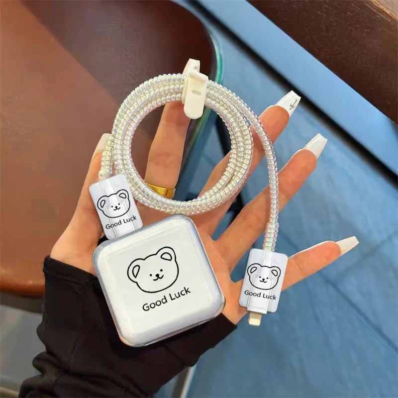 Cute Bear Data Cable Protective Cover Applicable iphone MacBook Notebook 35W Double-port Charger Head Cable Protector Case