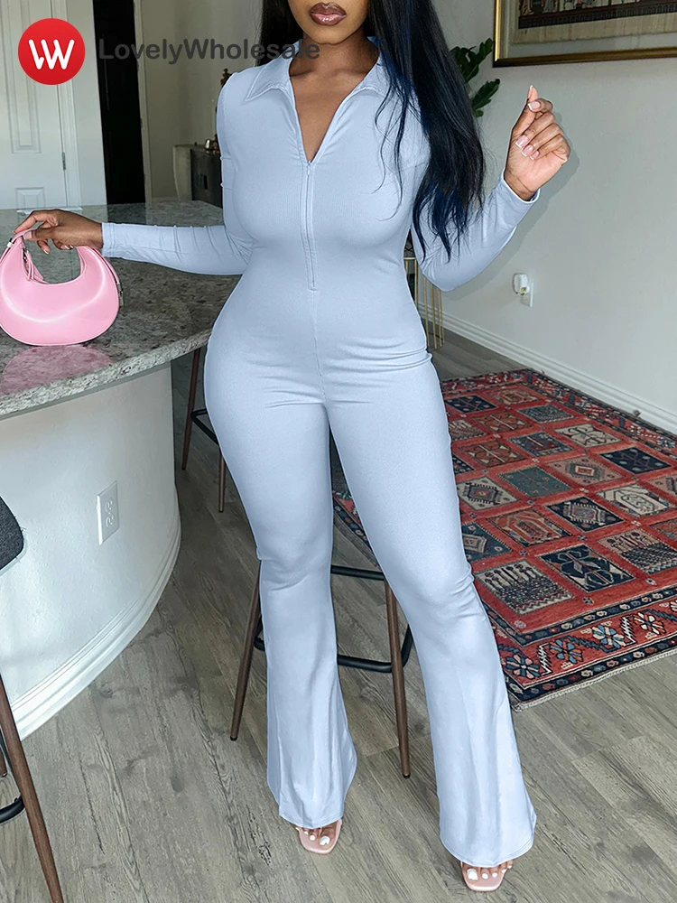 LW Casual Jumpsuits Women 2024 Autumn Long Bodysuit Long Sleeve Slim Turndown Collar Solid Zipper Full Length Romper Playsuit