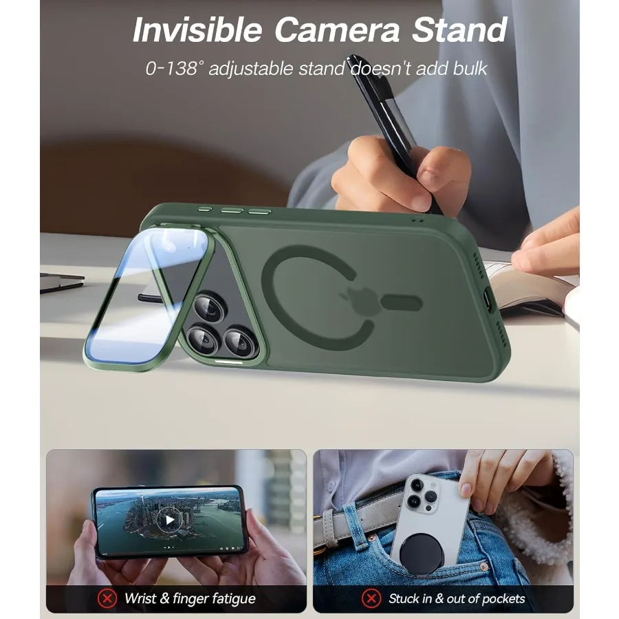 حافظة حماية كاملة مطورة لهاتف iPhone 17 Pro مع حامل غطاء كاميرا مناسب لـ MagSafe 10FT Mil-grade Protection Transl