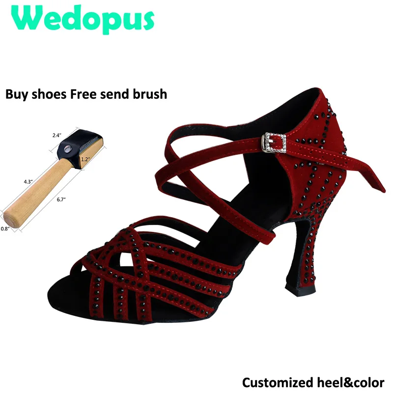 Wedopus Customized Dance shoes Rhinestone Faux Suede Ballroom Dance shoes Women Latin Dance Shoes 9CM Wine red