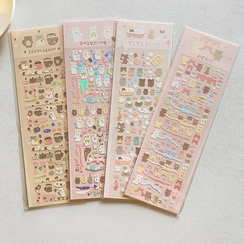 1Pc Korean Popular Cartoon Bunny Bear Laser Sticker Scrapbooking Stick DIY Material Stationary Kawaii Art Decoration Supplies