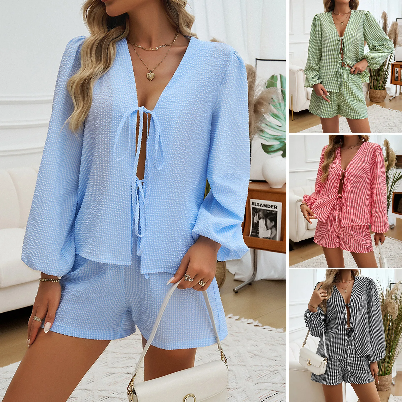 Phantasy Loose Blouse Shorts Set Women Two Piece Set Summer Lace Up Long Sleeved Shirt Casual Office Lady Suits Autumn Set