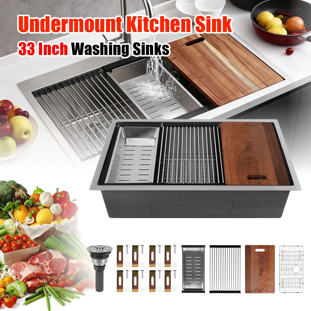 

16 Gauge Kitchen Sinks Basin Handmade 30/33 Inch Built-in Kitchen Sink with Bottom Grid Basket Strainer Multifunction Chef Sink