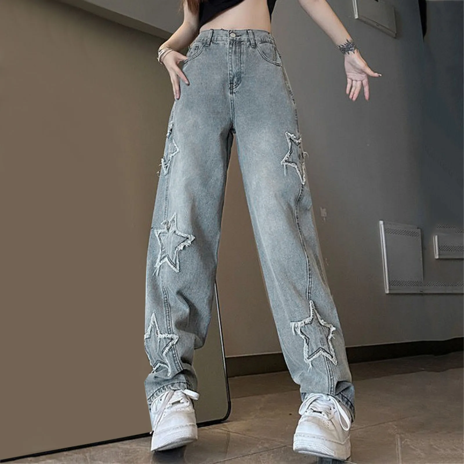 

Fashion American Style Star Embroidered Jeans Pants For Women 2024 New Retro E-girl Loose Straight Wide Leg Denim Long Pants