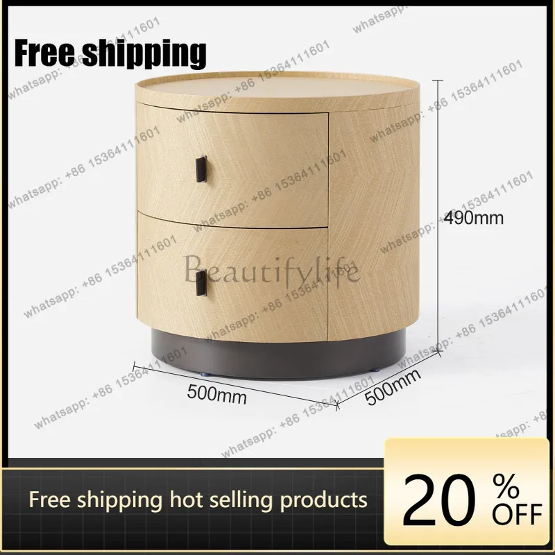 LD Italian minimalist round nightstand, Nordic natural wood color hotel villa nightstand