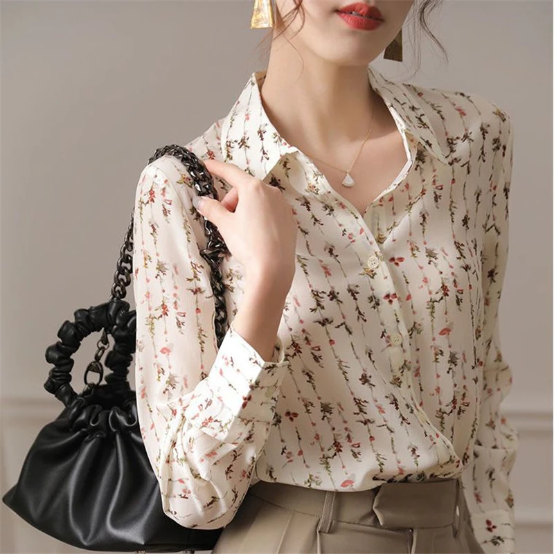 Blusa de manga larga con estampado Floral para mujer, camisa elegante con botones, moda coreana, informal, para oficina, primavera y otoño