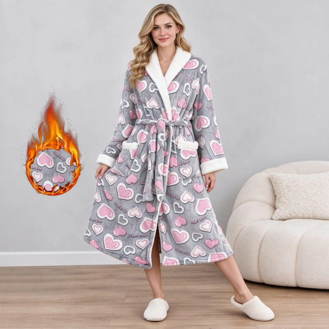 Grey Heart Print Women's Warm Fleece Robe Long Sleeve Plush Bathrobe with Belt Soft Cozy Winter Sleepwear Homewear Dressing Gown