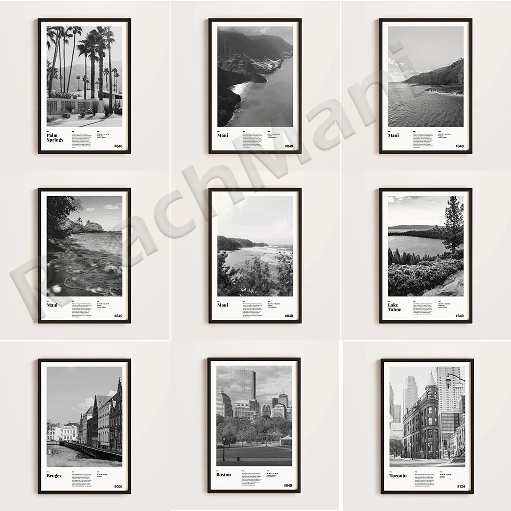 

Massachusetts, Bruges, Belgium, Palm Springs, Lake Tahoe, California, Maui, Austin, Texas, Toronto, black and white travel poste