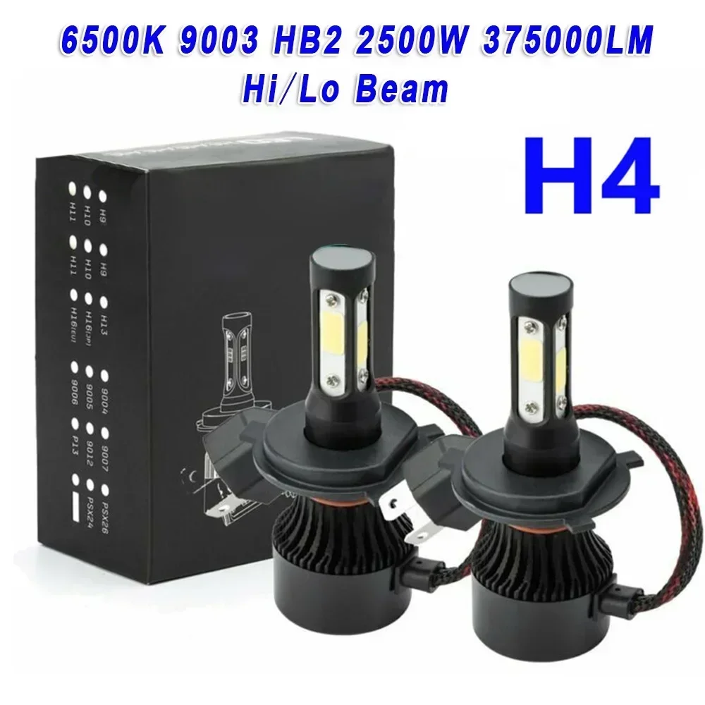 2 PCS 4-Sides H4 Car LED Headlight Bulbs High/Low Beam 6500K 9003 HB2 2500W 375000LM Black Waterproof Spotlight Car Accessories