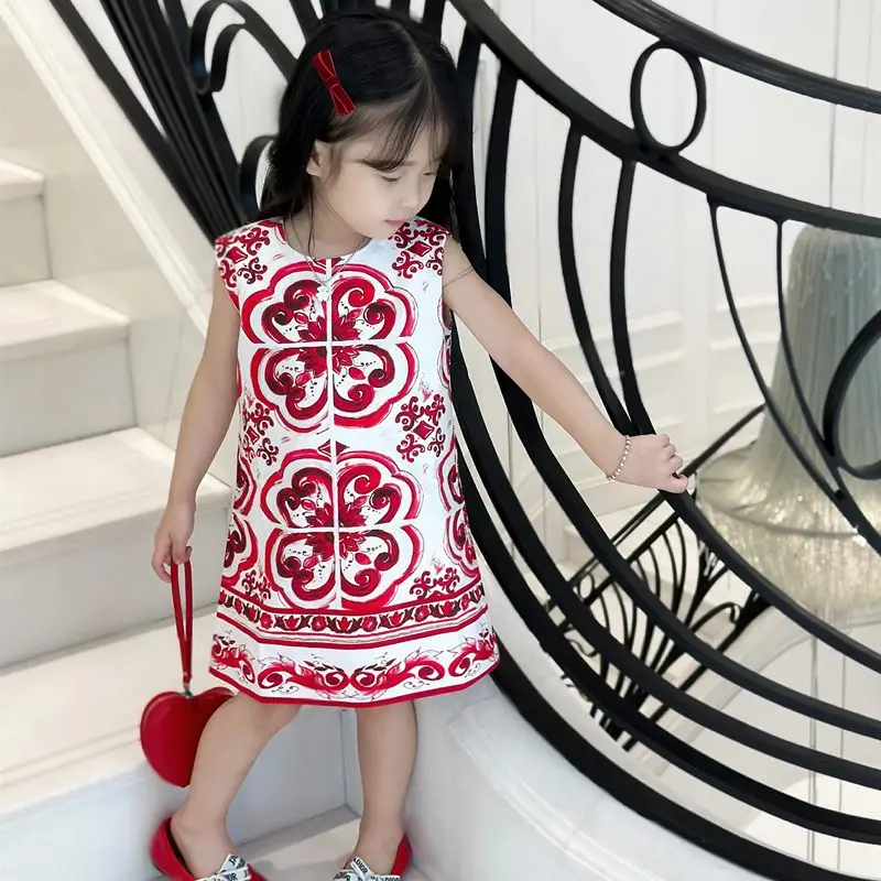 2023 Summer Floral Dress for Girls Red Flower Print Dress Children's Set Bohemian Dress