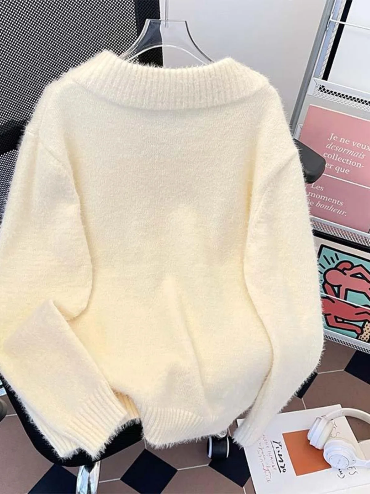 Maglieria tagliente oversize attaccata con sciarpa da uomo autunno inverno pelliccia di visone maglione con scollo a V soffice maglione streetwear invecchiato pullover