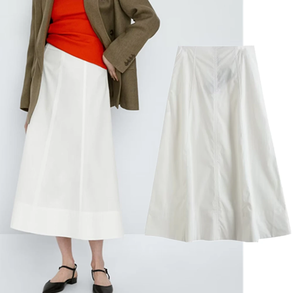 

Maxdutti French Vintage White High Midi Skirt Women Waist Stitching A-line Skirt Elegant Ladies Commuter Fashion Casual