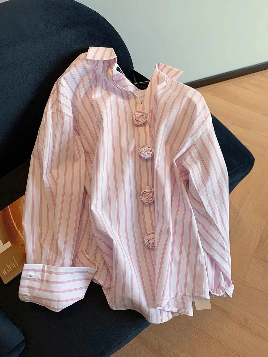 

Корейский ленивый Sle, высококачественный длинный све в розовую полоску, мужской весенне-осенний модный повседневный стиль с цветочным принтом, весна-осень