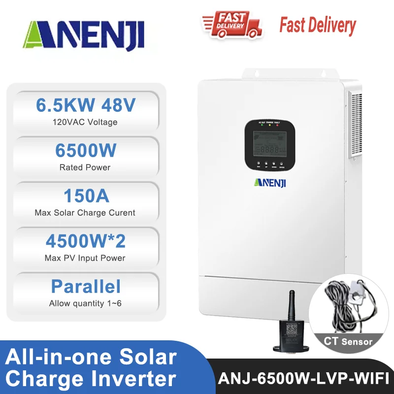 

6.5KW Hybrid Solar Inverter 48V 120V Photovoltaic Inverter Pure Sine On/Off Grid Built-in 150A Parallel Solar Charge Controll