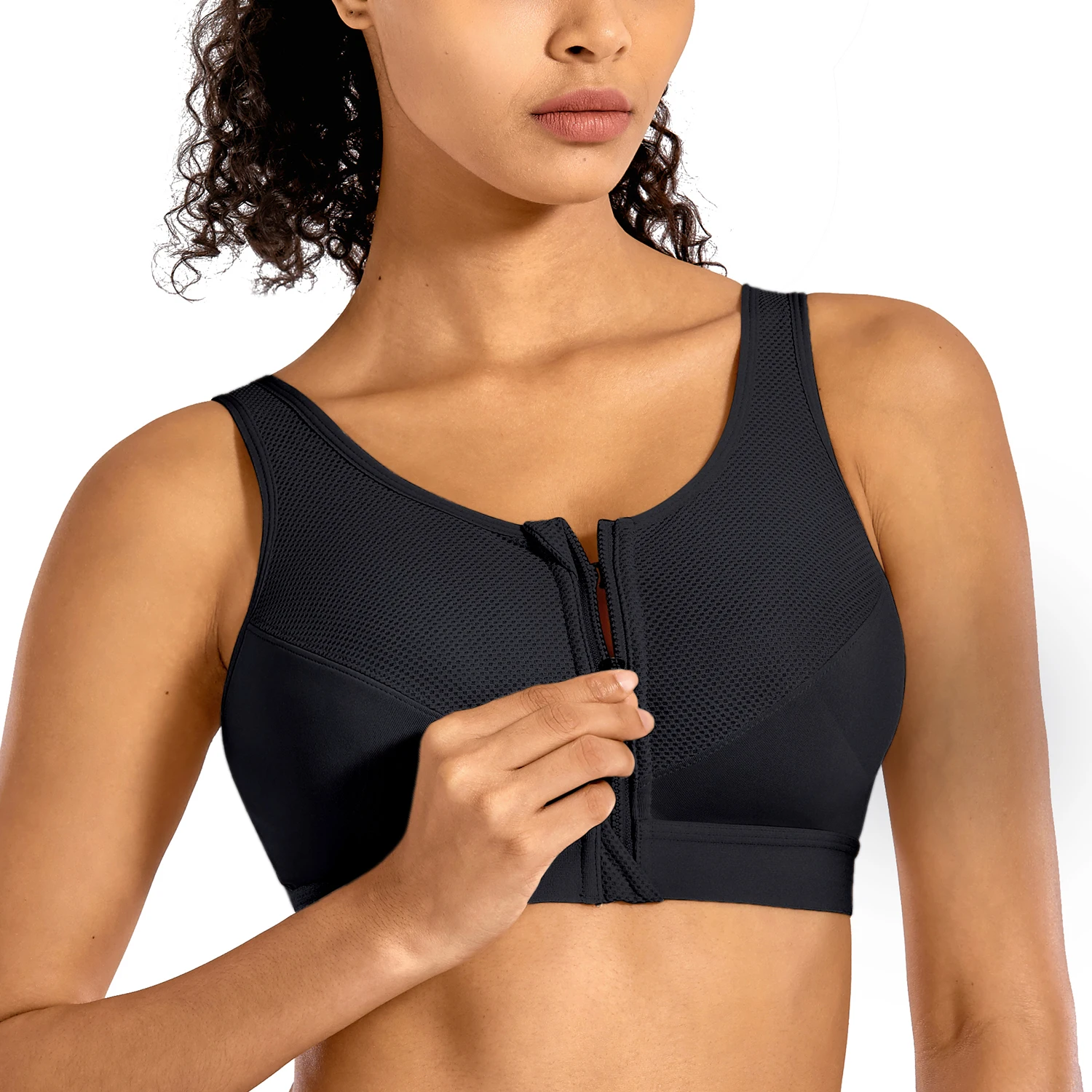 Women\'s Zip Front High Impact Wireless Racerback Active Bra Support Zipper in Front  X-shape Back No Padded