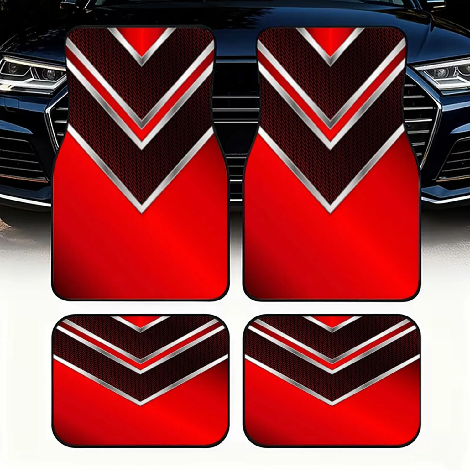 4pcs Car Floor Mats, Geometric V - Shaped Red Design, Metallic Outlined, Textured Black Sections, Material, Stylish Dynamic Appe
