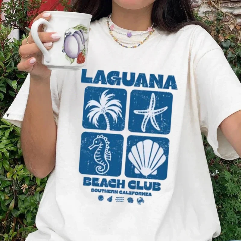 

Boho Laguana Beach Club Graphic T Shirt Seashell Starfish Printed Tee Retro Coastal Beach Cotton Blouse Women Vacation Tops