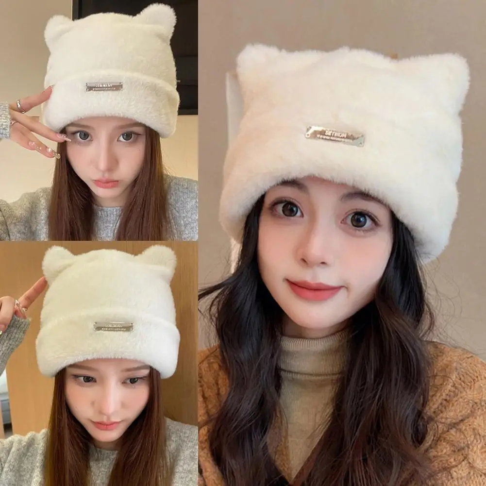 Iron Label Decorative Beanie Hat with Ears Cute Warm Plush Cat Beanie Winter Faux Fur Beanie Elastic Knitted Hat Women Outdoor