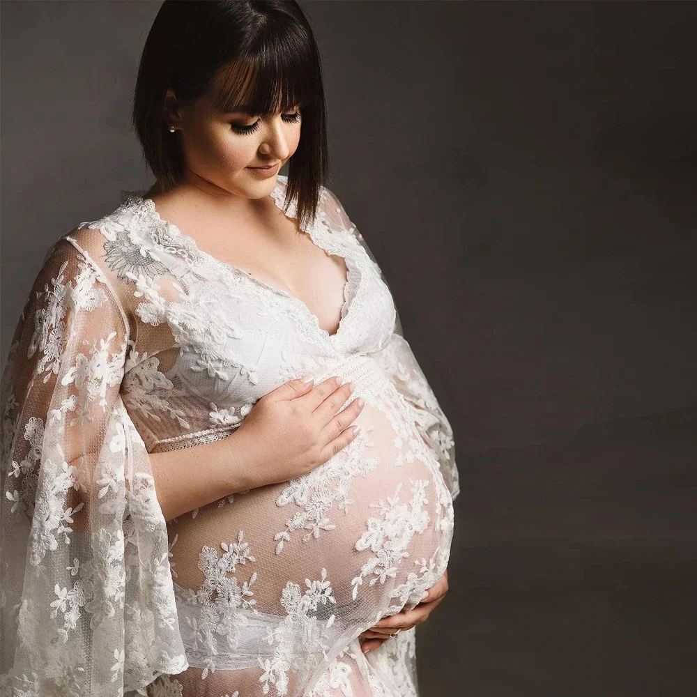 Off White Boho Lace Maternity Photoshoot Dress V-neck Full Sleeve Bohemian Pregnant Woman Long Dress For Photography