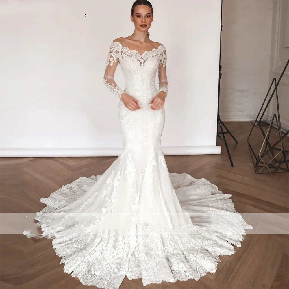Flavinke Abiti da sposa in pizzo a sirena con scollo a barchetta personalizzati 2025 Abiti da sposa con maniche lunghe con applicazioni di perline con strascico staccabile