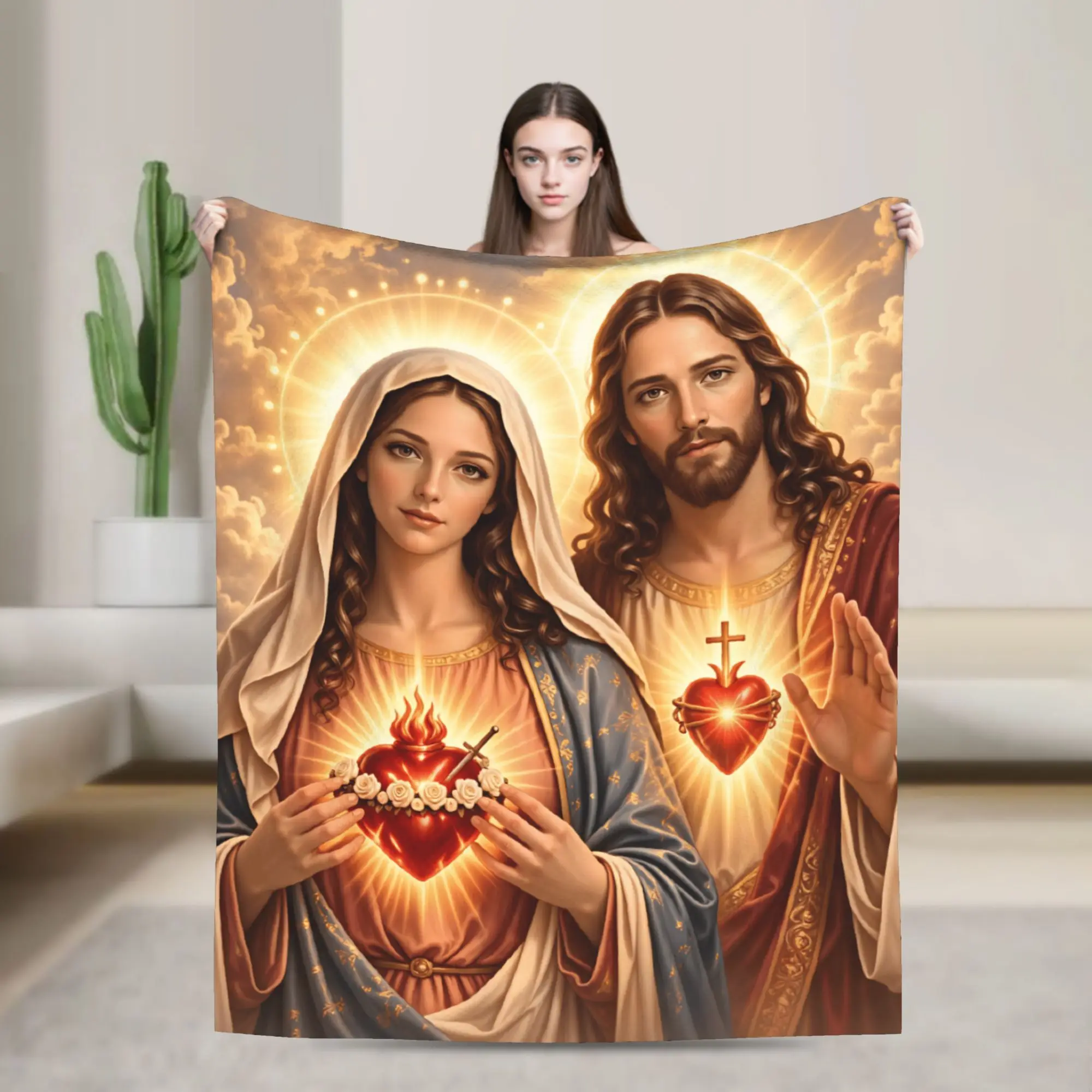 Soft Comfy Blankets Picnic Sacred Heart of Jesus and Immaculate Heart of Mary Throw Blanket Fashion  Bedspread For Chair Bed