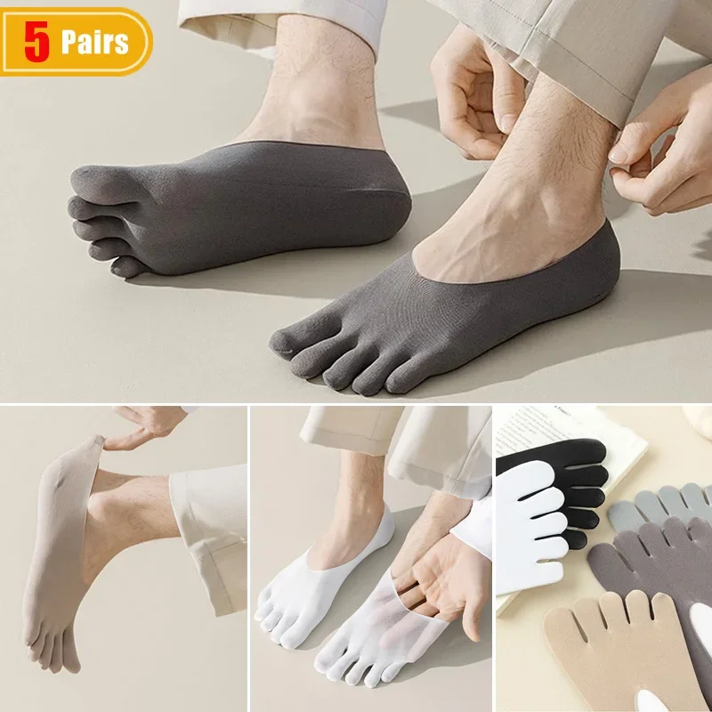 5 Paar unsichtbare Zehensocken für Herren aus Seide und Nylon, dünn, rutschfest, atmungsaktiv, einfarbig, unsichtbare Fünf-Finger-Bootssocken für den Sommer