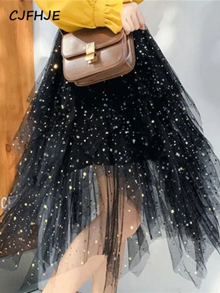 Fashion Shiny Stars Sequins Irregular Tulle Skirts Women Spring Chic Fairy Sweet Cake Mesh Skirt Female Elegant Lady Faldas