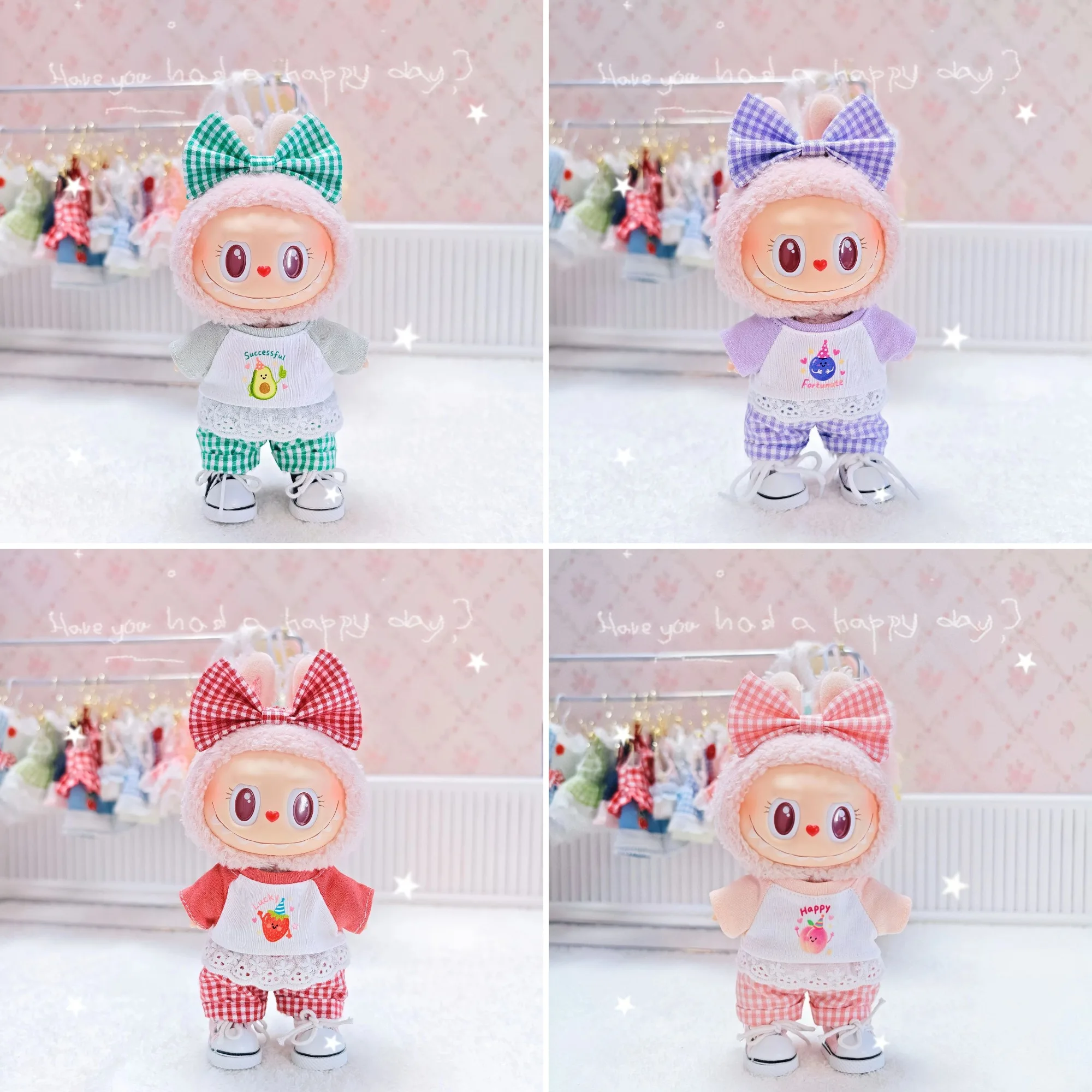 

15/17 см, одежда для куклы LABUBU 1-го 3-го поколения, футболка с короткими рукавами и фруктовым принтом, клетчатые шорты, комплект с бантом, аксессуары для волос