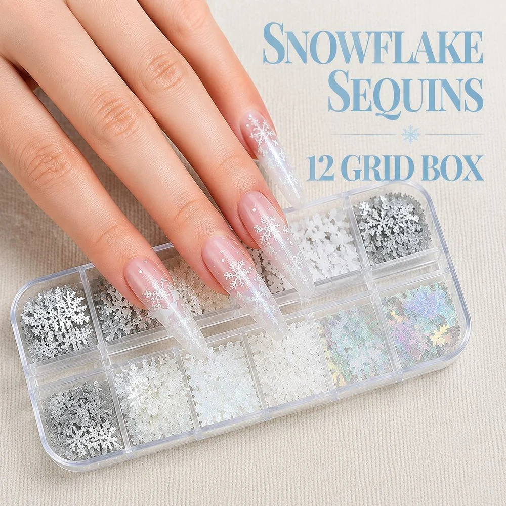 12Grids Christmas Winter Snowflake Nail Sequins Mixed Size Wood Pulp Paper Nail Charms For Home & Salon Xmas Nail Art Supplies