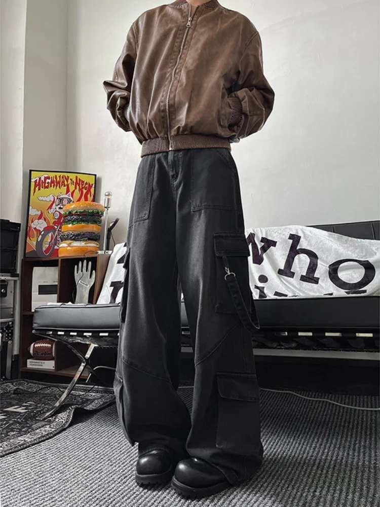 

Men's Workwear Denim Pants Spring Autumn Loose Wide Leg Straight Cut Trousers Multi-ket Design Casual Youth Faion