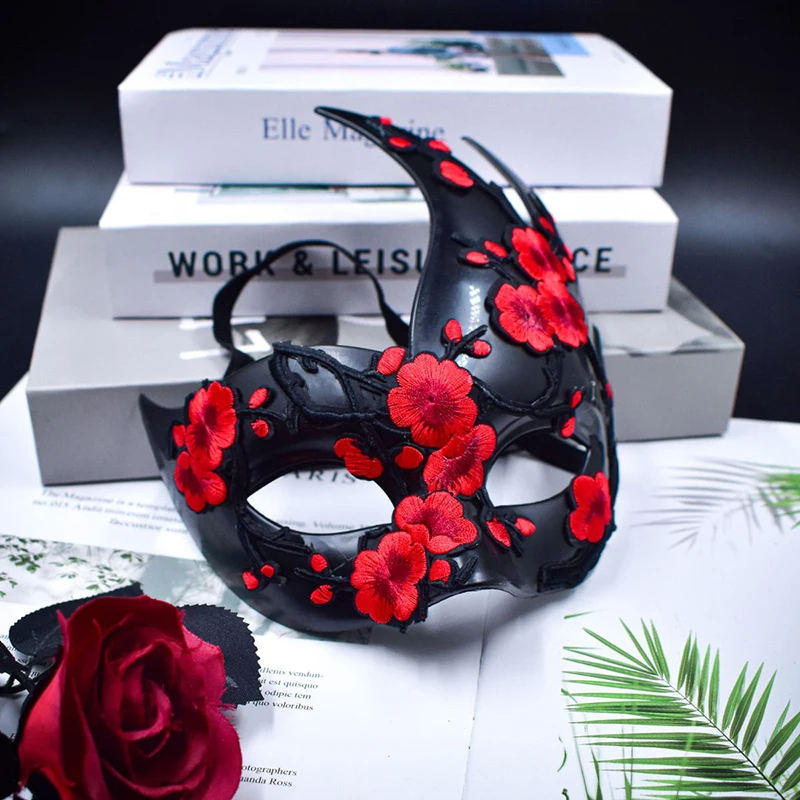 

Red Rose Women Masquerade Mask Black Big Bend Cat Full Face Halloween Christmas Mardi Gras Ball Party Carnival Show Accessories