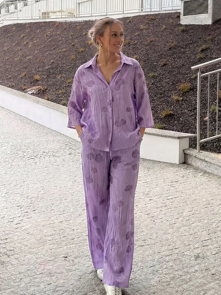 

Women Elegant 2 Piece Set Jacquard Blouse Loose Shirt Wide Leg Pants 2026 Spring Summer Female Fashion Casual Y2k Outfit