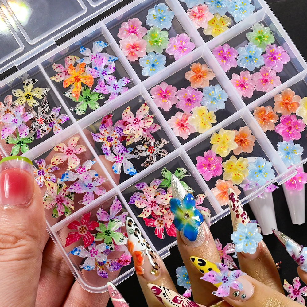 1BOX 3D Gemengde Gradiënt Kleurrijke Bloem Nagel Charmes Zwakke Kleur Kersenbloesem Kristal Zacht Gevlekte Bloemen Nagel Strass Decora