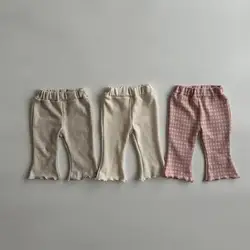 2024 New Spring& Summer Boot Cut Pants Girl Baby Fashion Versatile Plaid Flared Trousers Cotton Solid High Quality Trousers