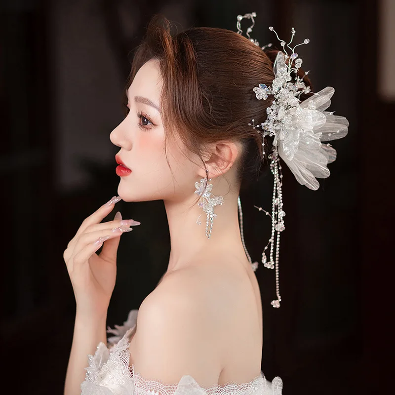 Bridal Head Flower Set New Korean Forest Floral Crystal Tassel Hairpin Super Fairy Wedding Makeup  Hair Accessories