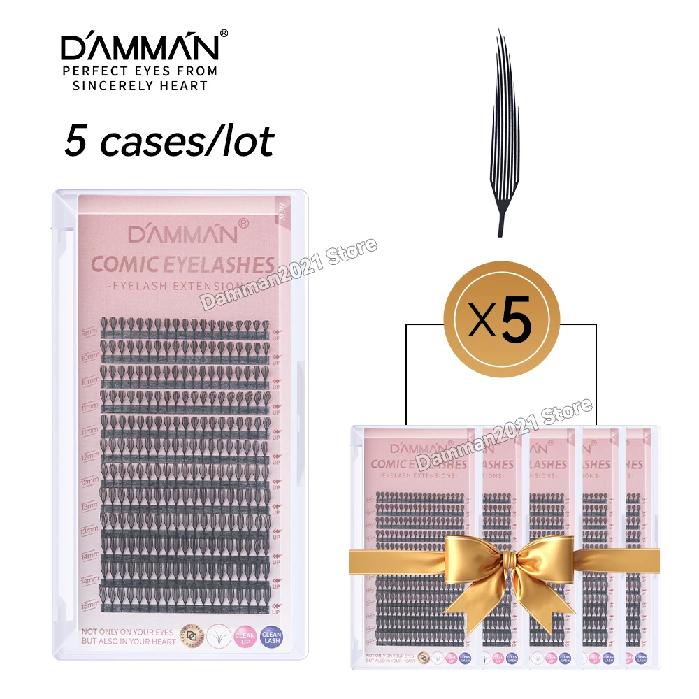 Damman 5 Boxes 12 Rows Comic Spire Eyelashes Extensions D Curl Natural Comic Spire Lashes 9-15mm Mixed Premade Fans Eyelashes