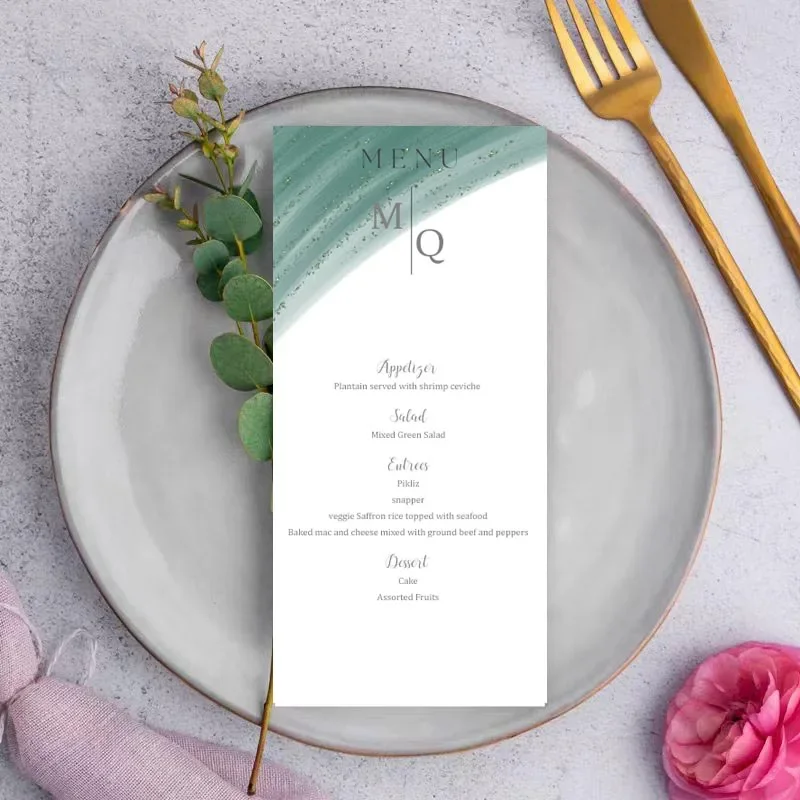 

Custom Menu for Gender Reveal Anniversary Party program Thank You Card, Graduation Green Watercolor Menu Flowchart QR Code 35PCs