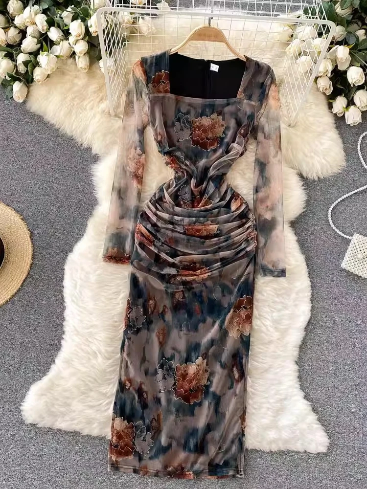 Women Printed Floral Dress Spring Summer Square Neck Long Sleeved Bodycon Dresses Ladies Pleats Slim Elegant Slit Long Robe