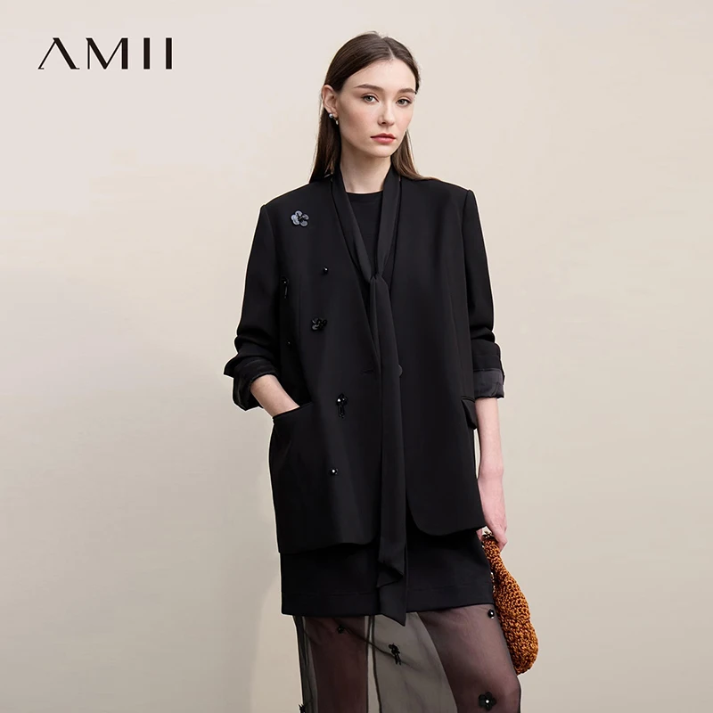 Amii Women's Jacket 2026 Autumn New Elegant Commuter Beaded Flower Chiffon Streamer Tie Blazers Solid Loose V-Neck Top 12641078