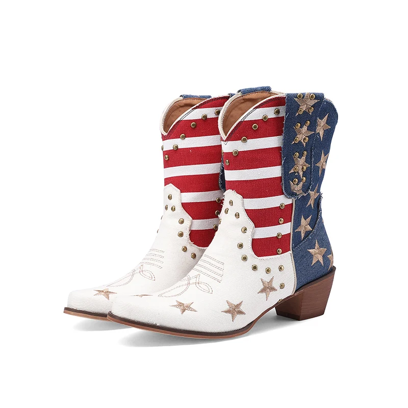 

Women's Cowboy Western Boots USA Flag Ankle Booties Denim Studded Rivets Embroidery Stars Stripes Heeled Shoes 2024 New Footwear