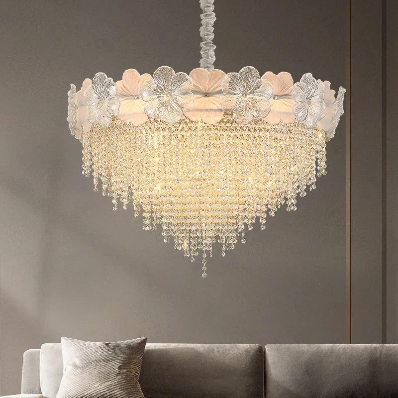 

Modern Flower Crystal Tassel Chandelier Gold Luxury Ceiling Pendant Light For Living Room Dining Room Villa Lobby
