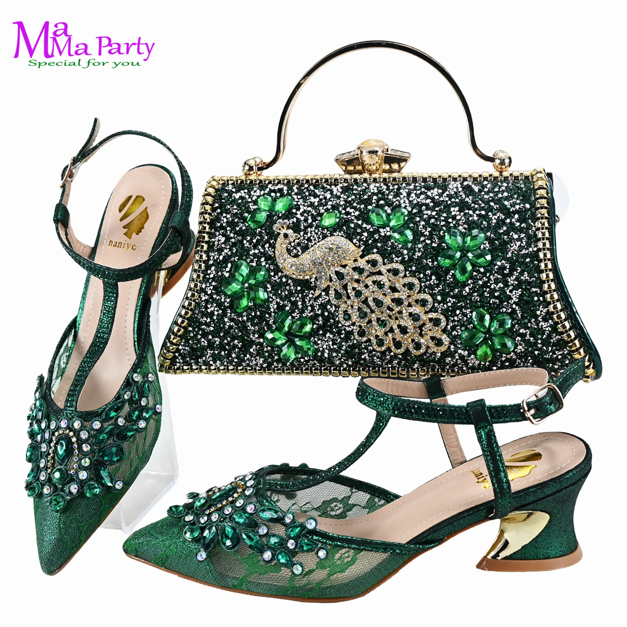 Ladies' Evening Dress Bag with Shoes Set, Italian Designer Sparkling Mesh Design with Crystal in Green Color for wedding