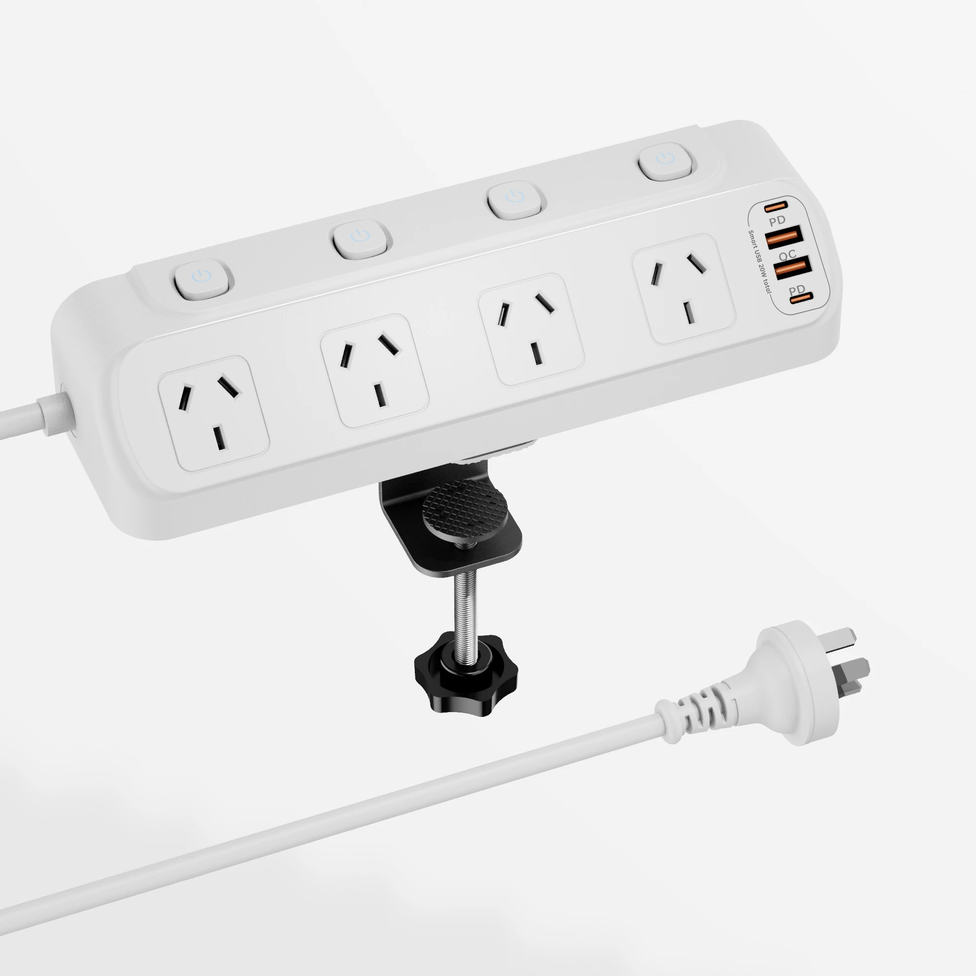 USB Desktop Clip-on Power Socket with Independent Switch + 20W PD Fast Charging Lightning Protection 900J 2500W High Power
